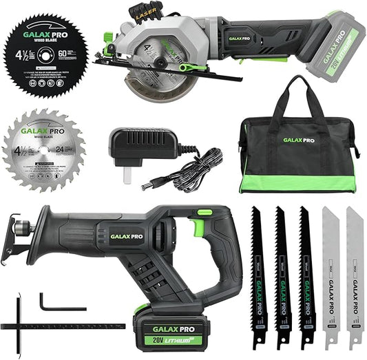 GALAX PRO Cordless Circular and Reciprocating Saw Combo Kit with 1pcs 4.0Ah Lithium Battery and One Charger, 7 Saw Blades and Tool Bag