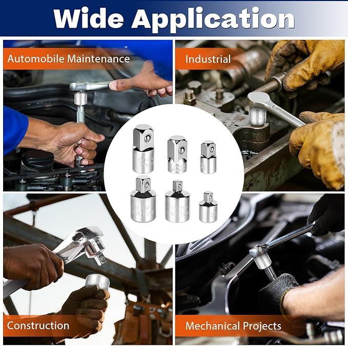 1/4" 3/8" 1/2" Socket Adapter and Reducer Set, 6 Pcs Chromium Vanadium Steel Drive Conversion Adapters, for Automobile Maintenance and Repair, Machinery, Industry, Construction