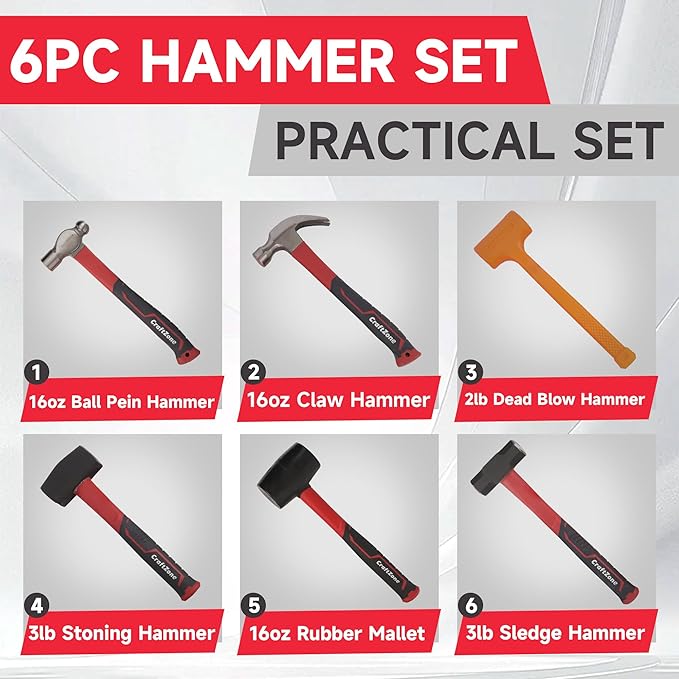 6-Piece Rubber Mallet Hammer Set with 2lb Dead Blow - 3lb Sledge & Stoning - 16oz Ball Peen Claw Hammers | Anti-Vibration Fiberglass Handles for Construction Metalworking Automotive & DIY Projects