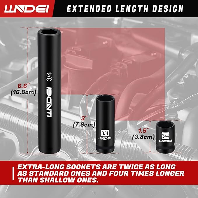 LLNDEI 1/2 Inch Drive Extended Length Impact Socket Set 6PCS Extra Deep Socket Set Include Sizes 3/4", 7/8", 15/16", 1-1/16", 1-1/8", 1-1/4" for High Torque Use