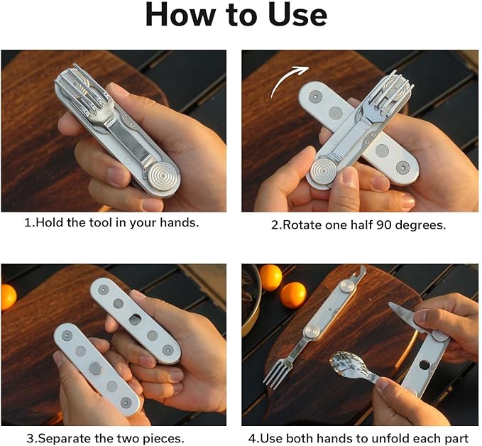 CIVIVI Partake 4-in-1 Camping Utensil, Detachable Stainless Steel Folding Knife, Fork, Spoon & Bottle Opener Multi-Tool, with Waxed Canvas Pouch for Travel Camping Hiking, C24032C-3, Silver