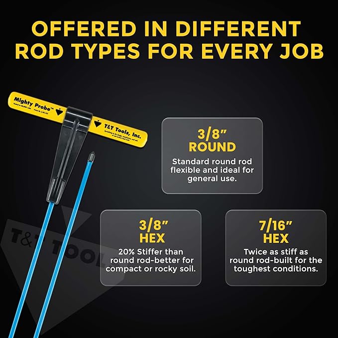 T&T Tools 78-Inch Mighty Probe Insulated Metal Soil Probe ??3/8" Metal Round Rod, Heavy Duty Design for Easy Penetration & Withdrawal, Soil Testing & Landscaping Tools, T-Handle, USA-Made-1 Pack