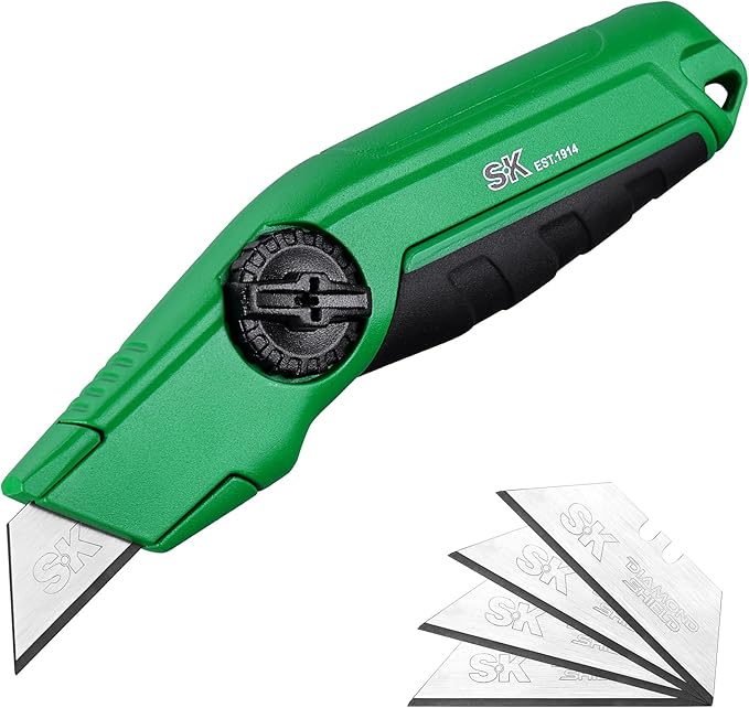 SK Fixed Blade Utility Knife, Heavy Duty Zinc Alloy Box Cutter, Tool-Free Blade Change, Blades Storage in Shell, Extra 5 SK2M Blades Included