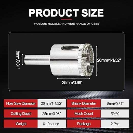 PATIKIL 2pcs 1-1/32" (26mm) Diamond Hole Saw, Glass Diamond Hole Cutters Hollow Core Drill Bits for Fiberglass, Tile, Porcelain, Ceramic