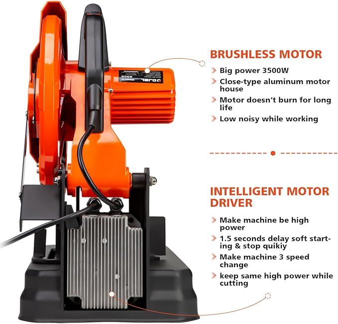 DJBL 14" 3500w Brushless Cold Cut Saw,Dry Cut Saw Cutting Speeds Changeable,Brushless Motor Metal Cut Chop Saw with 66 Teeth Ferrous Metal Cutting Blade,45 Degree Adjustable