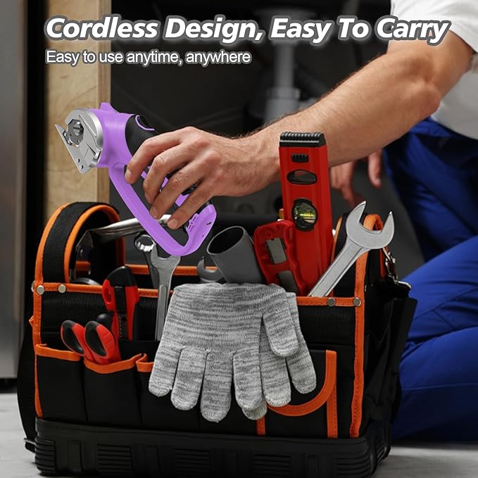 Cordless Electric Scissors, 4V Rechargeable Box Cutter & Cardboard Cutter with LED Light, Safety Lock - Rotary Cutter for Fabric, Leather, Carpet, Plastic, Crafting, Sewing with Storage Box(Purple)