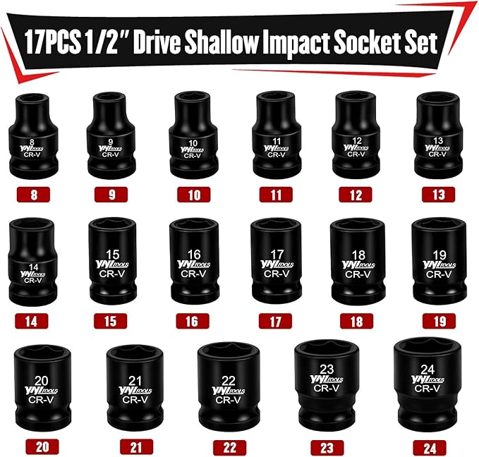 YIYITOOLS 17Pcs 1/2" Drive Shallow Impact Socket Set (8-24mm), Metric Socket Set, 6-Point, CR-V Steel for Automotive Maintenance, Repairs, and DIY Projects