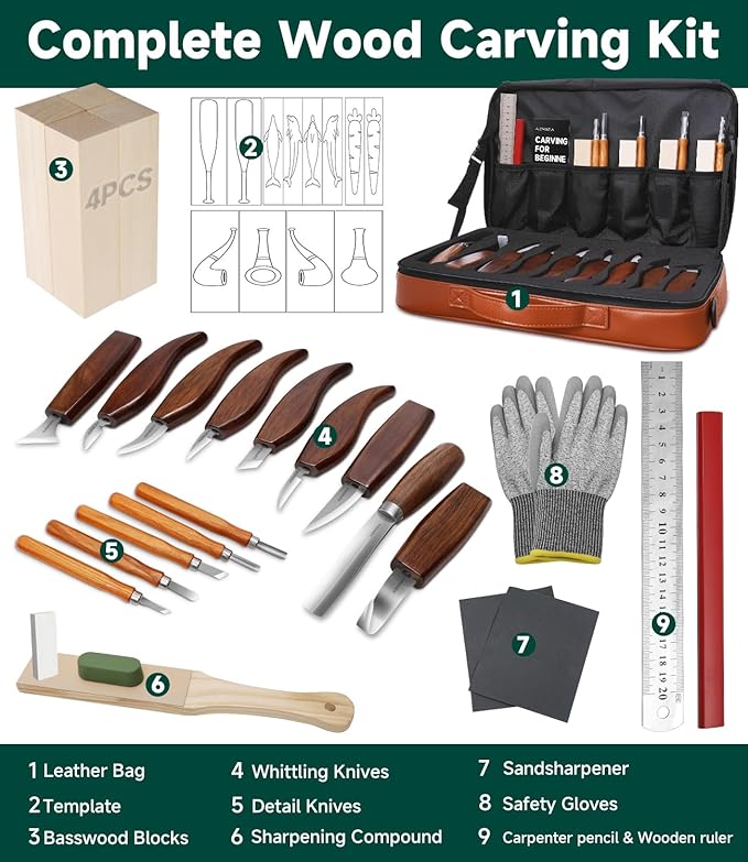 Wood Carving Kit, 30Pcs Wood Carving Tools Set with Leather Storage Bag, Deluxe Whittling Kit, 9 Wood Carving Knives 5 Chisels 4 Blocks Woodworking Tools for Beginners Enthusiasts Adults Gift