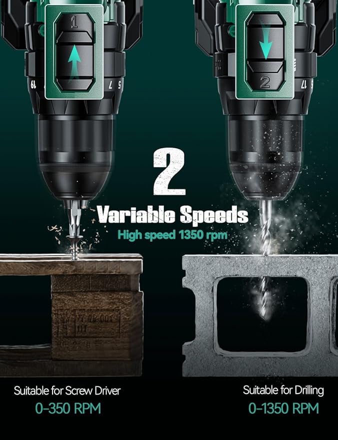 KIMO Cordless Hammer Drill Set with 20V 2.0Ah Battery 2 Packs, 21+3 Position, Max 350 In-lb Torque, 0-1350 RPM, 3/8" Keyless Chuck, 14pcs Accessories, Power Drill for Drilling Wood Bricks Walls Metal
