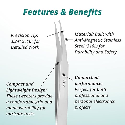 Excelta 104-SA 15° Bent Tweezers, 4.5 Inch Paddle Tip for SOT-89 Transistors and Chip Capacitors, Wide Point Anti-Magnetic Stainless Steel, Conductive Surface Resistivity, Made in Italy, Professional
