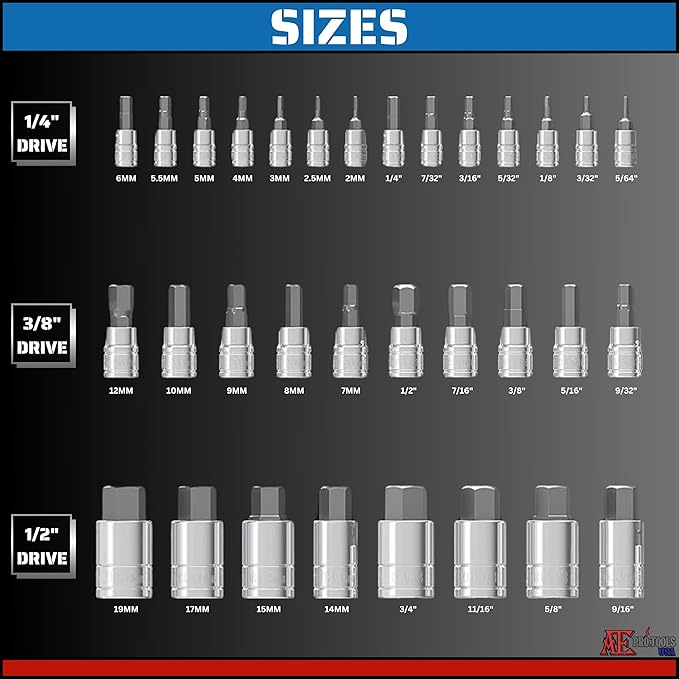 ATE Pro. Tools - Master Hex Bit Socket Set, Allen Socket Set | 32 PC Socket Bit Set | SAE and Metric Socket Set | Premium S2 Alloy Steel | Cr-V Steel | 1/4'', 3/8?? 1/2'' Hex Drive Sockets