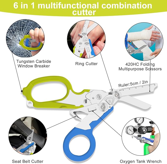 Lemasa6 in 1 Multifunctional Combination Tool, Folding Retractable Emergency Shears, Outdoor Camping Tools, Seat Belt Cutter, Oxygen Cylinder Wrench, Complimentary Adjustable Wrench (blue-green)