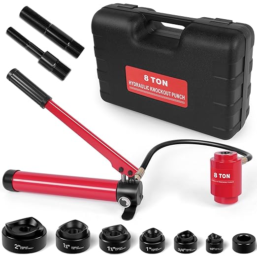 Hydraulic Knockout Punch Set (1/2" to 2") - Electrical Conduit & Metal Sheet Hole Cutter Kit, 8 Ton, Alloy Steel