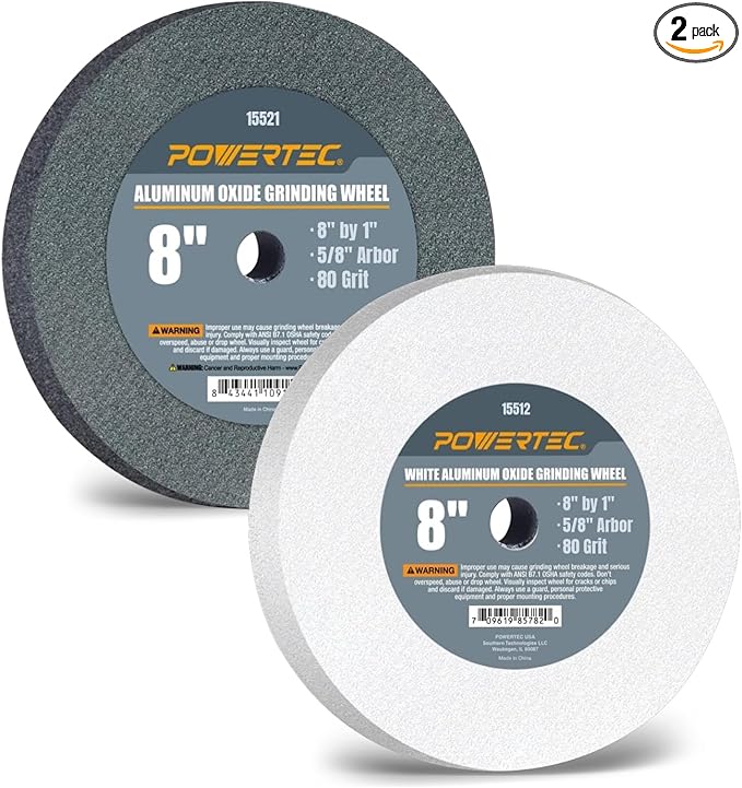 POWERTEC Bench Grinder Wheel 8 Inch White 80 Grit, White Aluminum Oxide Grinding Wheel for Bench and Pedestal Grinder, 1" Thick 5/8" Arbor, Sharpening & Shaping Drill Bits, Blade, Chisel, 2PK (15552)