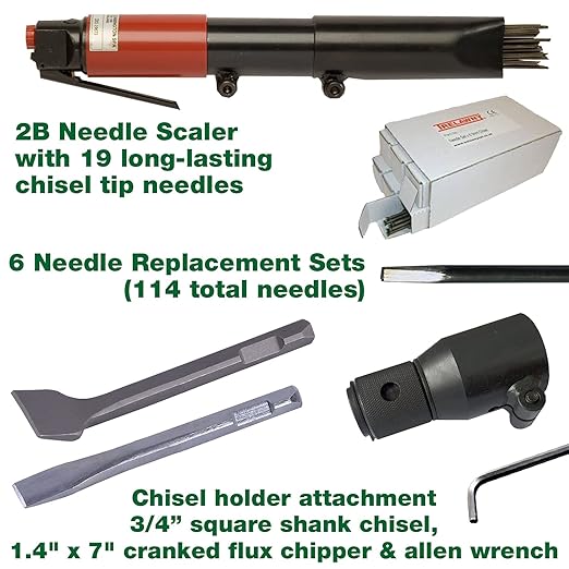 CS Unitec | 121.2099 CHISEL BASIC KIT | Pneumatic 19-Needle Scaler & Chisel for Cleaning, Stress-Relieving Weld Seams, Texturing Concrete, Removing Coatings, 3000 Blows per Minute ??Made in England
