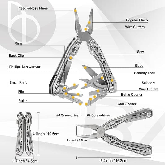 BIBURY Multitools BI2043, 17-in-1 Portable Multitool Foldable Spring-Loaded Pliers with Scissors, Can Opener & Screwdriver, Safety Locking EDC Tools for Camping Outdoor Activities Home Repair (Black)
