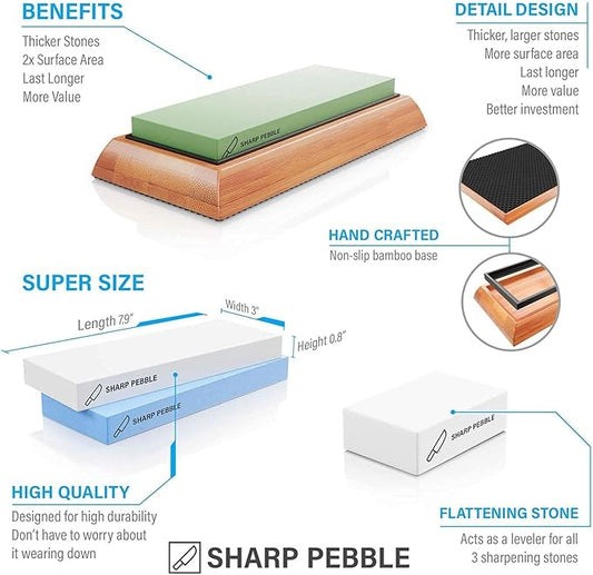 Sharp Pebble Extra Large Sharpening Stone Set - Whetstone Knife Sharpener Set - Grits 400/1000/6000 Waterstone, Flattening Stone & Angle Guide