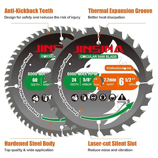 2PCS 6-1/2” Circular Saw Blade for Wood, 24T&60T TCT Cutting Blade, Fine Finish Crosscut Angled Bevels Framing Ripping for Plywood, Melamine, Oak, Pine, Laminate, Chipboard, 5/8"