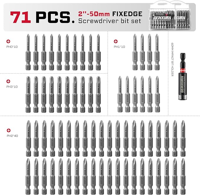 71Pieces Fixedge Screwdriver Bit Set, 2 Inches #0#1#2#3 Phillips Magnetic Alloy Steel Insert Power Bits Tips with Impact Bit Holder and Portable Storage Cases for Home Repair Diy