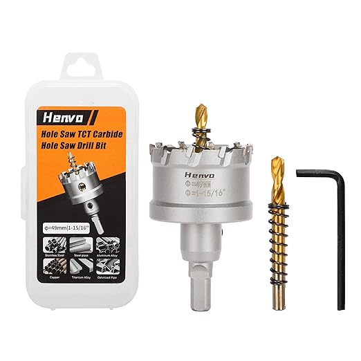 Hole Saw 1-15/16" (49mm) Heavy Duty Carbide with 2 Pilot Drill Bits - Metal Hole Cutter Cuts Stainless Steel, Iron, Copper, Brass, Plastic