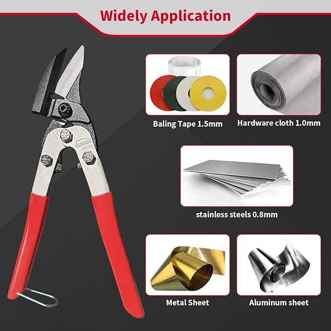 Tin Snips, 10 Inch Aviation Snips, Left Cut, Heavy Duty Sheet Metal Cutter with Safety Lock and Non-slip Handle, CR-V Steel Sharp Teeth, Metal Shears Scissors for Cutting Metal Sheet