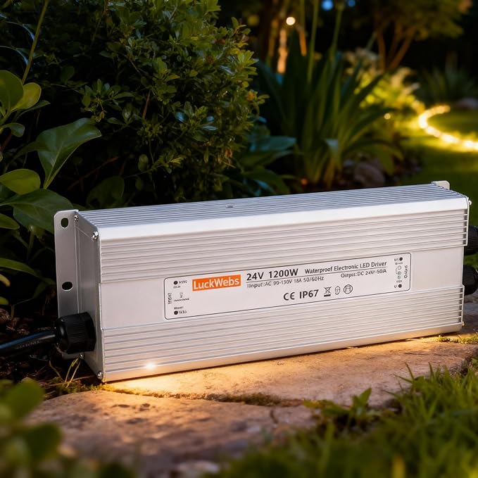 LED Driver 24V1200W Waterproof Power Supply AC 90-130V to DC 24V50A Low-Voltage Transformer IP67 Rated Converter Suitable for High-Power LED Lighting and Any 24V DC Equipment
