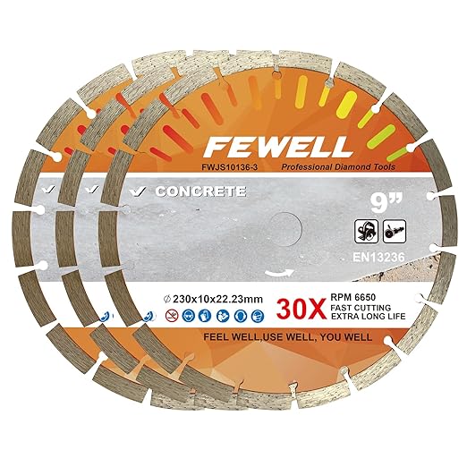 FEWELL 9 Inch Diamond Blade, Segmented General Purpose Blade Dry/Wet Cutting Concrete, Masonry, Brick, Block竊똕tone (3 Packs)