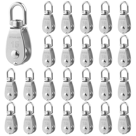 Rocaris 25 Pack M15 Lifting Single Pulley Block 304 Stainless Steel Crane Swivel Hook Double Pulley Roller Loading