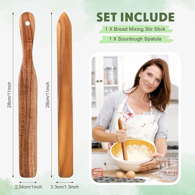 Baderke 11 Inch Wooden Sourdough Bread Mixing Stir and 13 Inch Wooden Spatula Paddle Stirring Stick for Kitchen Cooking Mixing Tool for Sourdough Starter Cookware Pot (Teak Wood)