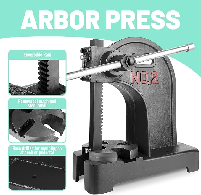 2 Ton Arbor Press with 3 Extra Drifts, Manual Arbor Press Reversible Ram, Heavy-duty Manual Desktop Arbor Press with Removable Steel Anvil 17.32" Height for Metal Cutting/Deforming (2T Black)