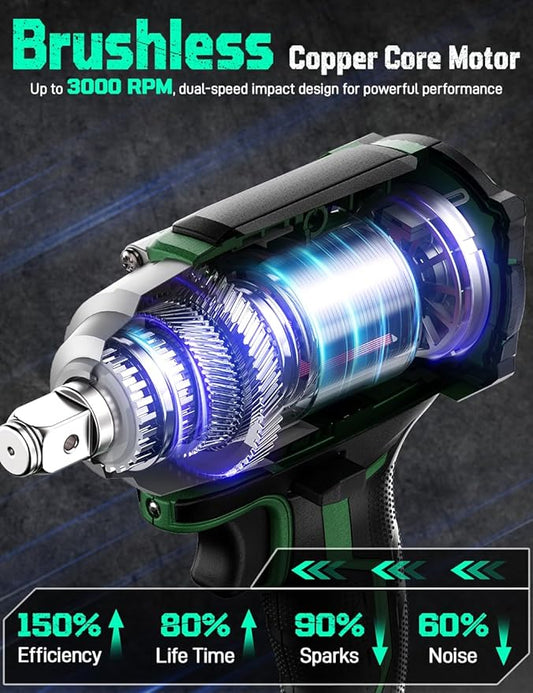 KIMO Impact Wrench 1/2 Cordless, 3000RPM, 9-Piece Drill & Driver Set, 4 Sockets, 406ft-lbs (550N.m) Impact Drill for Car Tires, Safety Lock, 2x4000mAh Battery, Variable Modes Power Smart Impact Wrench