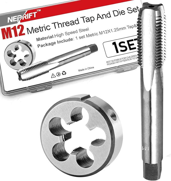 M12 x 1.25 Tap and Die Set Right Hand, M12 x 1.25mm Metric Thread High-Speed Steel 6542 Machine Tap and Round Die for Thread Repair on Automotive Parts and Machinery