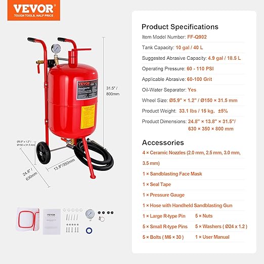Sand Blaster VEVOR 10Gal Pot Sandblaster, 125 Psi Pressure Sand Blasting Complete Kit for Paint, Stain, Rust Removal and Special Surface Treatment of Material