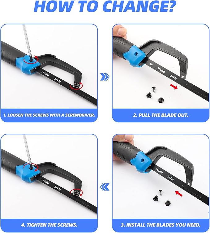 Hacksaw Frame Set, 12“ Hacksaw Frame, 6'' Hacksaw Frame and 10'' Mini Hacksaw, Including 8pc Extra Blades Multi-function for Metal Wood PVC Pipes