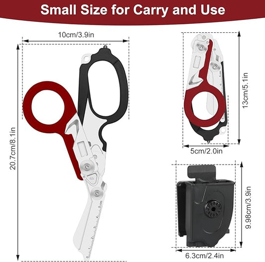 6-in-1 Heavy Duty Emergency/Trauma Shears, with Carbide Glass Breaker, Ring Cutter, Foldable, Stainless Steel Multi-Purpose Scissors for Hospital, Home, Camping, and Travel Rescue Tools (Black+Red)