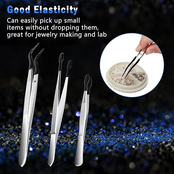 3PCS Tip Tweezers, Silicone Rubber Flat Tipped Tweezers Bent Tip for Jewelry Coin Stamp (Black)