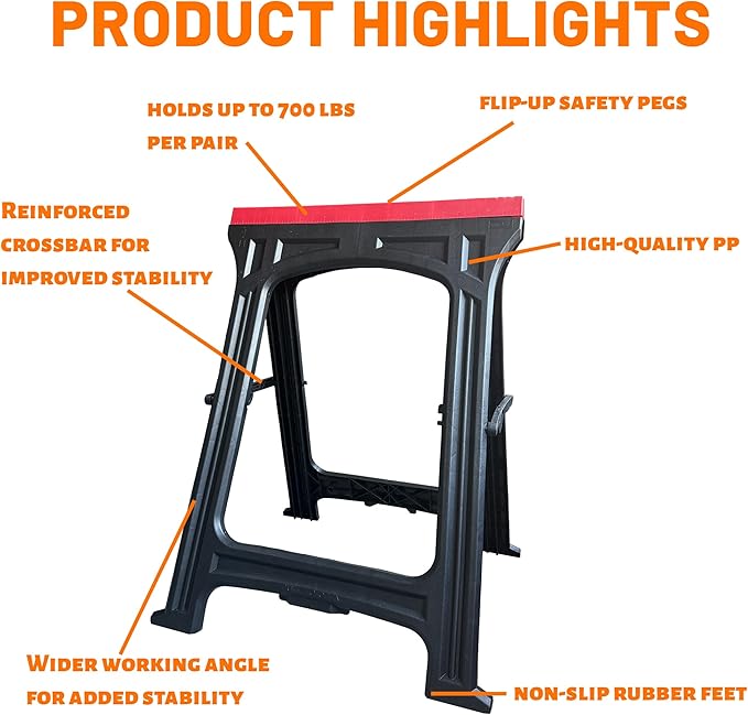 ZYJOYY Saw Horses 2 Pack Folding- 700LBS/Pair Capacity Heavy Duty Sawhorses, Weather-Resistant PP Folding Sawhorse Pack of 2, Portable Workhorse for Woodworking & DIY Projects