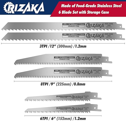 6 Pack Reciprocating Saw Blades for Frozen Meat, Bone, Fish - 3TPI 12"(300mm)/1.2mm x 2 pcs, 6TPI 6"(152mm)/1.2mm x 2pcs, 8TPI 9"(225mm)/0.8mm x 2pcs - Stainless Steel Sawzal Blades + Storage Box