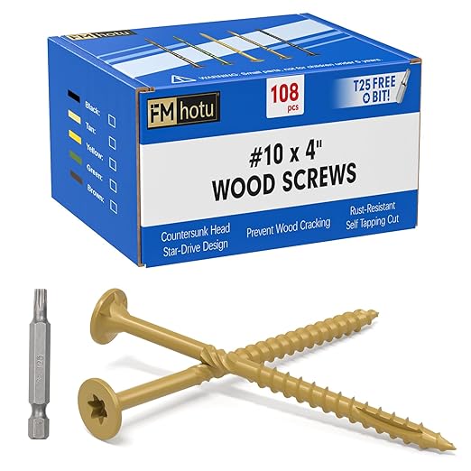 #10 x 4??Deck Screws, 108Pcs Star Drive Wood Screws, Rust Resistant Timber Screws for Timber/Log/Landscaping Wood, T25 Star Bit Included, Yellow