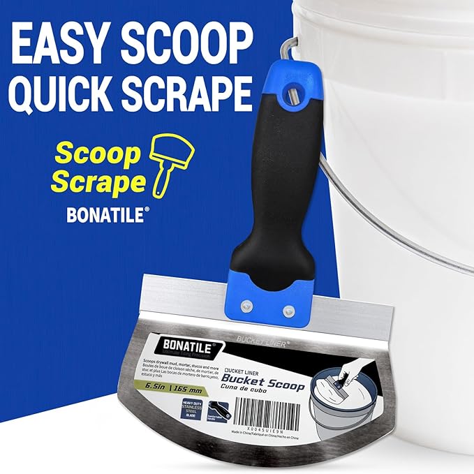 2Pack Fishark 6.5" Curved Bucket Scoop, Stainless Steel Tool for Drywall & Plaster, Rustproof Contoured Blade, Soft-Grip Handle, Multipurpose Scoop & Scraper for Paint, Mortar, Spackling