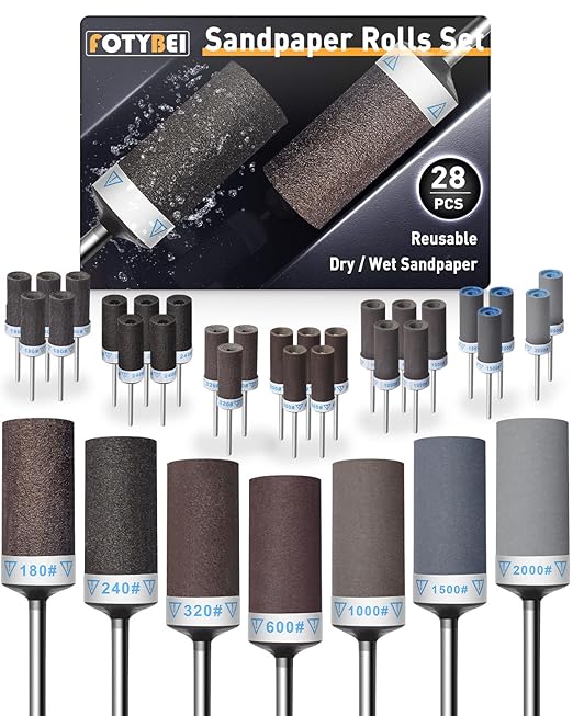 28Pcs Sanding Drums Sandpaper Sticks Set for Dremel Rotary Tool with 1/8" Shank, 180/240/320/600/1000/1500/2000 Grits Different Meet More Needs for Metal Rust Removal/Stone Grinding/Jade Polishing