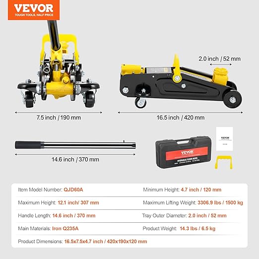 VEVOR Low Profile Floor Jack 1.5 Ton (3300 lbs), Heavy Duty Iron Hydraulic Racing Floor Jack, Hydraulic Car Jack, Single Piston Quick Lift Pump, 4.7"-12.1" Height Lifting Range (Yellow)