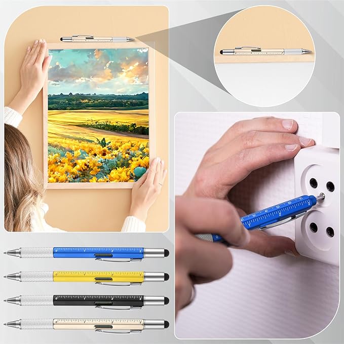 Yeaqee 30 Pcs Stocking Stuffers Bulk for Men 6 in 1 Screwdriver Multi Tool Pens with Refills Ruler Level Gauge for Party Favor Father's Christmas White Elephant Gifts (Vivid Color)