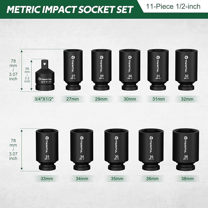 11-Piece Axle Nut Socket Set, Metric 1/2 Impact Socket 27mm-38mm, CR-MO 3/4"-1/2" Adapter, 6-Point Deep Socket Set for Installing and Removing Axle Nuts, with Portable Storage Case