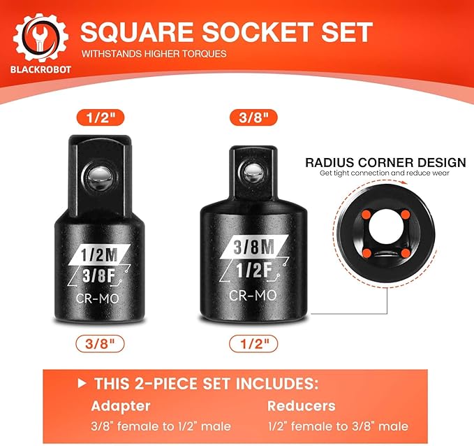BLACKROBOT 2PCS Impact Socket Adapter and Reducer Set, 3/8" to 1/2" & 1/2" to 3/8" Socket Adapter Set, SAE Drive Cr-Mo Steel Exceeds ANSI Standards, Square Drive Adapter for Impact Driver Wrench