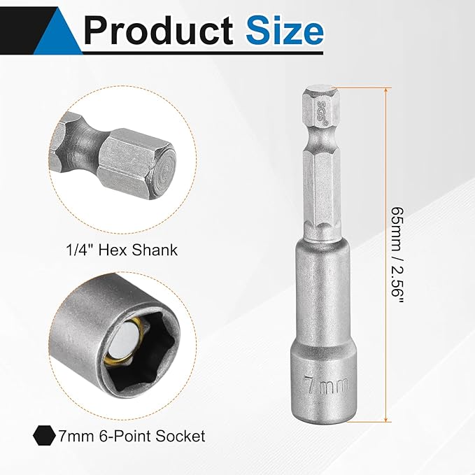 HARFINGTON 2pcs Nut Driver Drill Bit 7mm Metric Socket 1/4" Hex Shank 2.56" (65mm) Long Magnetic 6-Point Sockets Quick Change CR-V Steel Bolt Setters for Power Drill Drivers