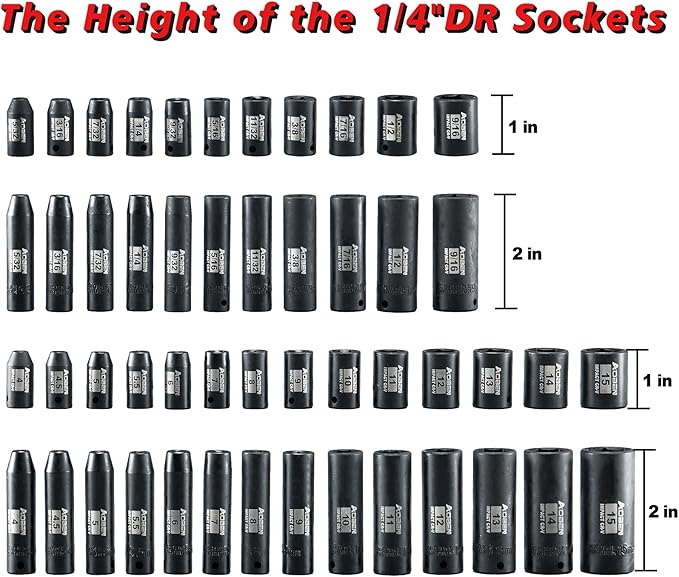 AOBEN 1/4-Inch Drive Impact Socket Set, 54 Pieces, 6 Point, SAE/Metric, (5/32" - 9/16" 竊?mm -15mm)竊똃eep/Shallow, Cr-V Steel, Includes Extension bars and Socket Adapter