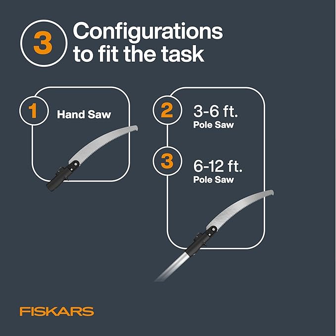 Fiskars XtendControl 12' Extendable Tree Pruner, Adjustable Pole Saw Branch Trimmer with 15" X1 Saw, 3-6' Extension Poles, and Secure Locking System for Precision Cutting