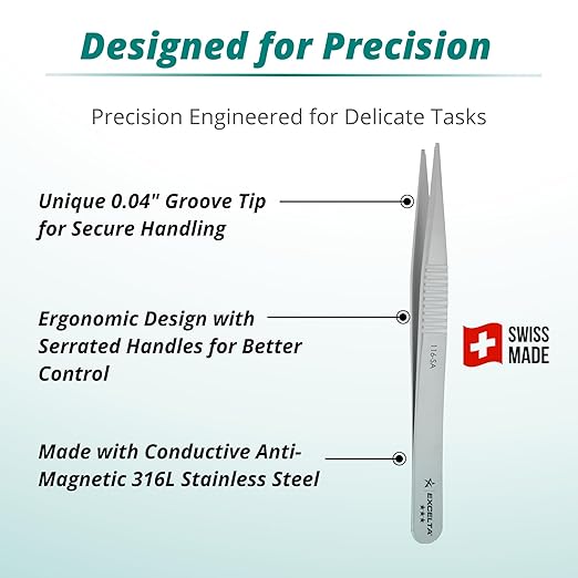 Excelta 116-SA Precision SMD Tweezers, 4.25 Inch, Straight Tip with 0.04" Groove, Conductive Anti-Magnetic Neverust Stainless Steel, Serrated Handles for Small Parts Handling, Made in Switzerland