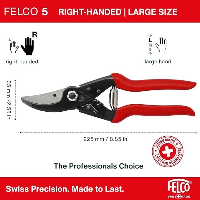 Felco F5 Pruning Shears – 8.9" Swiss-Made Garden Clippers with Revolving Handle | Hand Pruners for Gardening | Garden Tool Cutter with Precision Bypass Blade, Forged Aluminum Body, Replaceable Parts